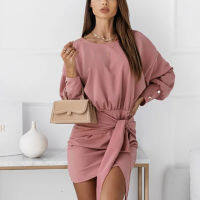 CVYATAYA New Arrival Woman Knotted Belt Bodycon Dress 2021 Autumn Solid Drop Shoulder O Neck Long Sleeve Fashion Mini Dresses