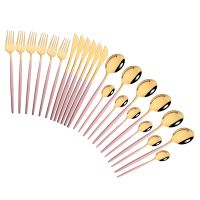 【CW】 Pink Gold Cutlery Set Dinnerware 24Pcs Knives Forks Spoons Flatware Dinner Tableware