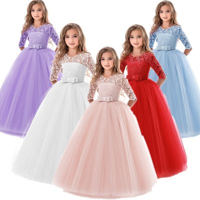 Flower Girl Wedding Banquet Lace Long Dress For Kids Elegant Puffy Lace Bow Birthday Party Dress Pageant Ball Gown Formal Dress