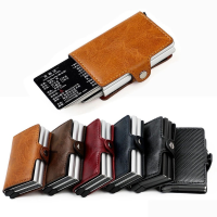 【CW】New RFID Blocking Mens Credit Card Holder vintage leather Bank Card Wallet double metal automatic Card holder For Women