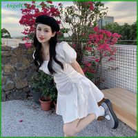 AngelCity Fashion Store Sweet Puff Sleeves ชุดสีขาวหญิงตารางคอปก Solid drawstring Mini Dress