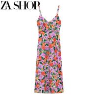 ZA Summer New Linen Blended Flower Print Midi Dress Female High Waist Skirt 7924901