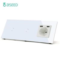 BSEED Double 1gang Wall light switch 1Way Touch Sensor Switches Plus Power Socket USB Outlets EU Standard Glass Panel