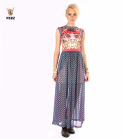 PEDZ Blue Marigold Maxi Dress ชุดเดรสยาวน้ำเงินพิมพ์ลายดอกดาวเรือง