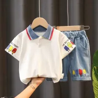 Summer Toddler Boys Baby Kids Cartoon Fashion Boy Print POLO Shirt Tops+ Jeans Shorts 2PCS Outfit Set Clothes Newborn Kids Casual Clothes Suits 0-5Years