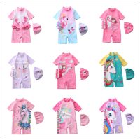 ▼❇✿ 1 7Y Toddler Baby Girls Swimming suit Ins Flamingo Children swimwear Long sleeves Kids Beach wear Girls Rash Guards-SW441