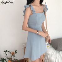 ☬✻♣ Sleeveless Dress Women Backless Ruffles Solid High Waist Skinny Slim Sexy Fashion Korean Style A line Chic New Designed Trendy