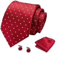 Men Tie Red Polka Dot Quality Wedding Tie For Men Tie Hanky Cufflink Silk Tie Set Designer Business