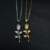 New Gold Plated Rose Flower Pendant Necklace Simple Vintage Clavicle Chain Stainless Steel Necklace for Women Jewelry Gifts