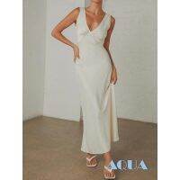 ♧﹍ ANANA-Women Satin Tank Dress Solid Color/ Contrast Color V Neck Sleeveless Party Dress for Club Streetwear