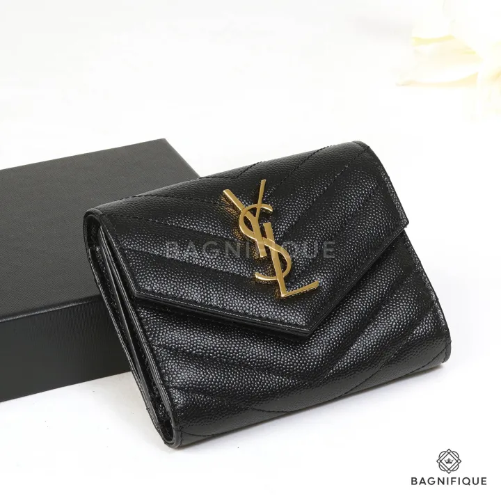NEW YSL TRIFOLD WALLET SHORT BLACK CHEVRON GHW Lazada.co.th