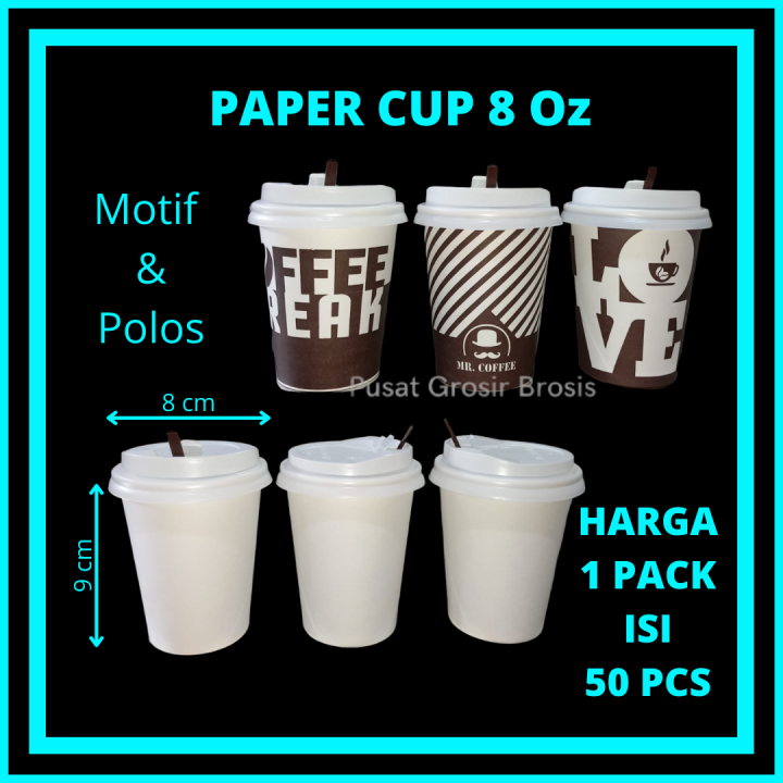 50set Paper Cup 8 Oz Tutup Sedotan Gelas Kertas Gelas Kopi Kertas Komplit Set 5801