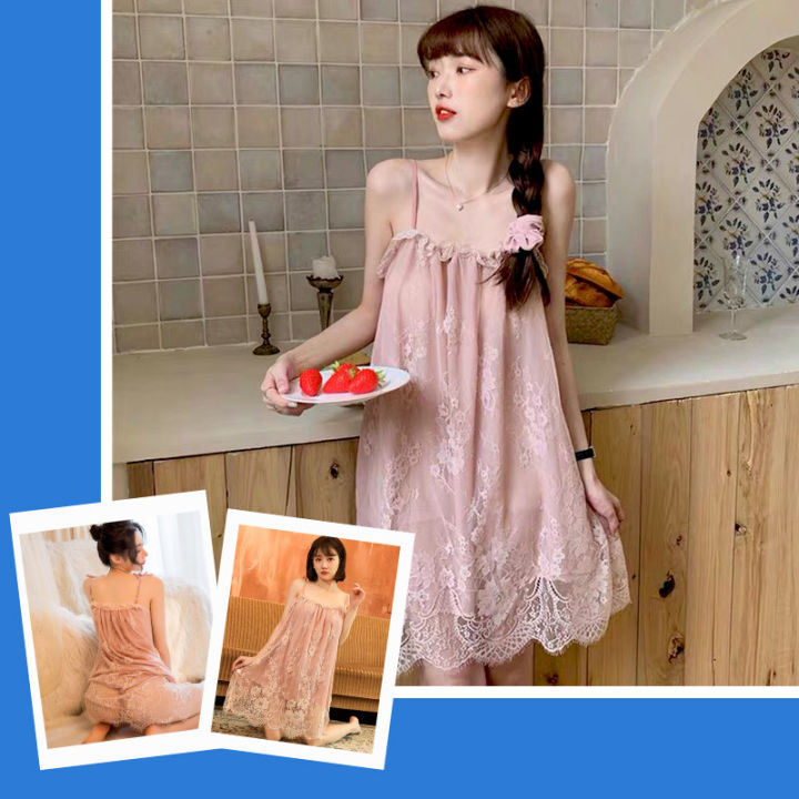 HCM]Đầm ngủ hai dây suông phối ren dễ thương màu hồng nude | Lazada.vn