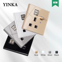 YINKA Eu Power Socket Tempered Glass Panel Home Wall Socket DE UK FR Standard Double Usb 5 Hole Socket LED Indicator 86/146 Type Shoes Accessories