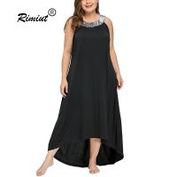 【YF】 Rimiut Plus Size Women Sleeveless Ankle Length Dresses halterneck sequins Fashion Casual Party Fat MM 5XL Over size Dress