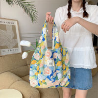 35204 Summer Korean Style Ins Vintage Oil Painting Flower Canvas Bag Fairy Shoulder Portable Large Capacity Vacation Bag