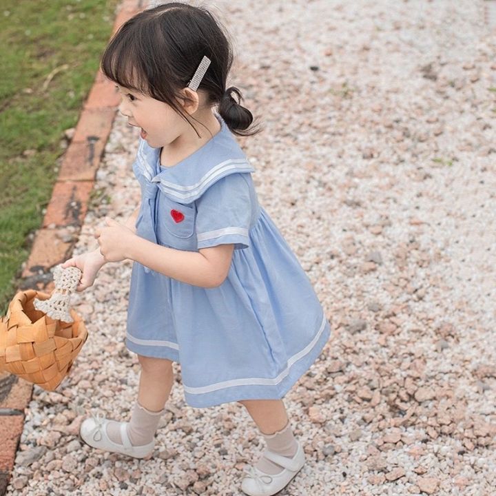 ชุดเด็กผู้หญิง-แฟชั่นฤดูร้อนสไตล์เกาหลีผ้าฝ้ายชุดเจ้าหญิงสีฟ้า-อายุ-1-6-ขวบ