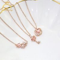 Kalung Liontin Necklace Pink Crystal Gemstone Pendant Rose Gold Chain Necklaces Women Jewelry Set Hello Girl Jewelry