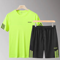 (Tops+Pants)Mens Sports Suit 2piece Tracksuit Sport mens top + shorts gym suit T-Shirts Short Sleeve Sports T-shirt&amp;Short Ice Silk Breathable Top 男士运动套装休闲套装上衣+裤子一套