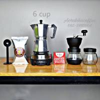 ชุด Moka pot 6cup+เตาไฟฟ้า+ที่บดกาแฟโหลแก้ว+ช้อน+กระดาษกรอง+กาแฟ 100กรัม