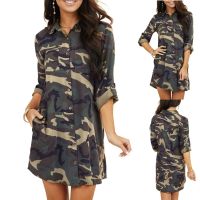 【YF】 Camouflage Pockets Fashion Womens Neck Dress Blouse Casual Long V Comfy Sleeve Mother of The Dresses Length Tunic