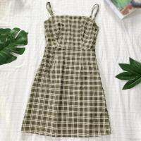 Korean Women Slim Small Fresh Plaid Green Sleeveless Dress