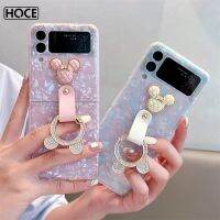 เคสโทรศัพท์มีลายเปลือกมันวาวหูมิกกี้น่ารักที่ได้รับความนิยมสูงสำหรับ Samsung Galaxy Z Flip 3 5G Z Flip4 PC แบบแข็งพร้อมฝาปิดกล่องใส่แหวน