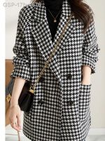 ☃❖☍17fw4676 Outono เสื้อสูทสตรีลาย Houndstooth ชุดลำลองย้อนยุค Lã Duplo Breasted Terno Jaquetas เสื้อนอก Feminino Chique Topos Novo