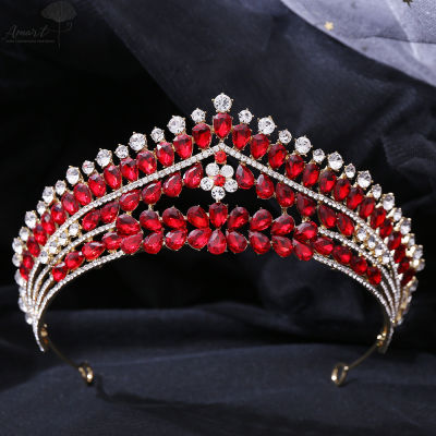 Amart มงกุฎเจ้าสาว Headwear งานแต่งงานวันเกิดมงกุฎ Headdress สีแดง Rhinestones Retro งานแต่งงานวันเกิด Crown Headdress Rhinestones Retro หรูหราเจ้าสาวมงกุฎ Headwear อุปกรณ์เสริมผมสำหรับหญิงดูดี