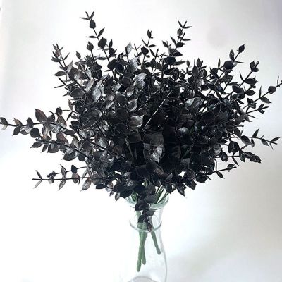 [AYIQ Flower Shop] 7ส้อมสีดำ Eucalyptus Leaf พืชประดิษฐ์เปอร์เซีย Fern ตกแต่งฮาโลวีนดอกไม้ปลอมงานแต่งงาน Home Party ตกแต่ง