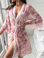 【LZ】✸♨  Impressão Floral Gota Ombro Roupão Contraste Lace Bridemaid Partido Robe Soft Mesh Sleepwear Cinto Camisola do sono das mulheres