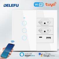 Delefu White 10A 20A 118 Brazil Standard Glass Type C Socket Usb  Tuya Touch Switch with Socket  Switch with Smart Socket Wifi Electrical Circuitry  P