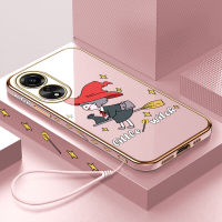 [ฟรีสายคล้อง] สำหรับ OPPO A78เซลล์4G เคสโทรศัพท์การ์ตูนแม่มดน้อยลายขอบสี่เหลี่ยมเคสโทรศัพท์ชุบหรูหราเคลือบเคสโทรศัพท์นิ่ม