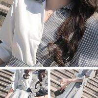 【Felicelife】Women Irregular Color Stripes V-Neck Lapel Bow Lace Casual Dress