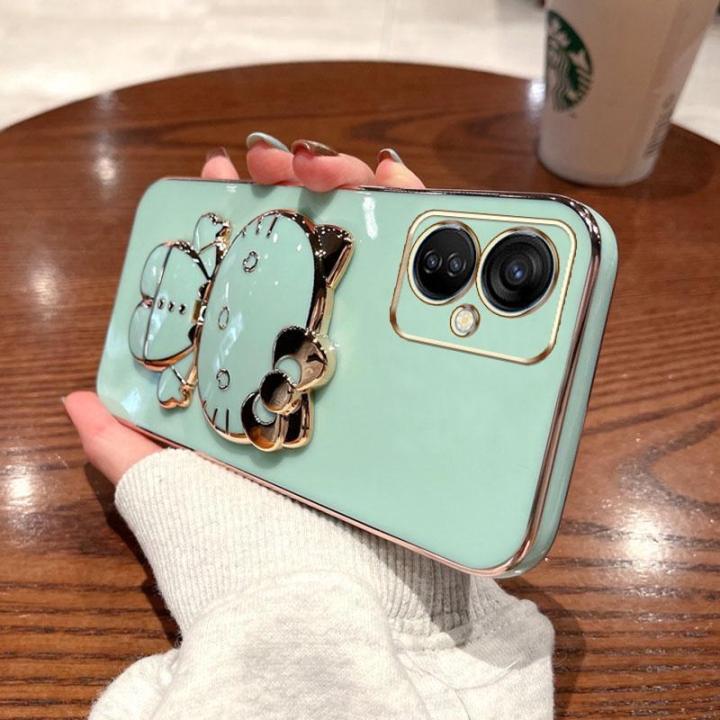 folding-makeup-mirror-phone-case-for-infinix-tecno-spark-9t-kh6-case-fashion-cartoon-cute-cat-multifunctional-bracket-plating-tpu-soft-cover-casing