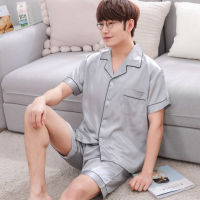 Thoshine Brand Summer Style Men China Satin Pajamas sets Patchwork Turn-down Collar Button Sleepwear Male Elastic Waist Pijama