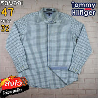 Tommy Hilfiger®แท้ อก 47 เสื้อเชิ้ตผู้ชาย ทอมมี่ ฮิลฟิกเกอร์ สีฟ้า เสื้อแขนยาว เนื้อผ้าดี