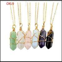 OKL9 เครื่องประดับแฟชั่น ของขวัญสำหรับผู้หญิง ผู้ชาย ไทเกอร์อาย ทรายสีฟ้า สร้อยคอคริสตัลทรงกระบอกหกเหลี่ยม โรสควอตซ์ จี้หินพันลวด หินธรรมชาติ