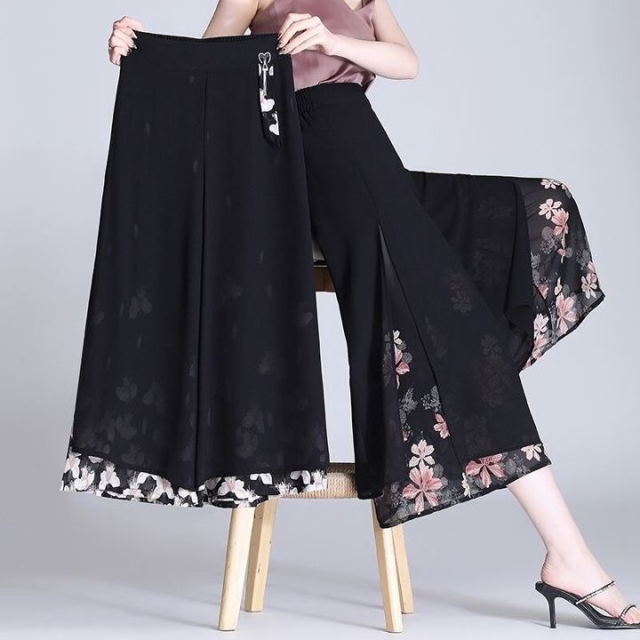 2023 Double Layer Chiffon Pants Women's Print Korean Fashion Vintage Wide  Leg Pant High Waist Casual Pants Trends Summer Thin