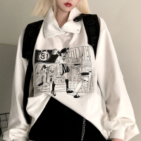 QWEEK Harajuku Manga Anime Hoodies Women Autumn  Japanese Streetwear Kawaii Cute Print Long Sleeve Sweatshirt White Top