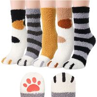 Cute Cat Paw Print Thicken Fluffy Socks Coral Fleence Animal Sock Women Men Bed Socks Harajuku Soft Elastic Winter Warm Socks