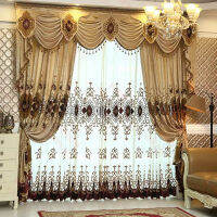 Wholesale European luxury Modern villa curtains set black out water chenille hollow embroidery window curtains