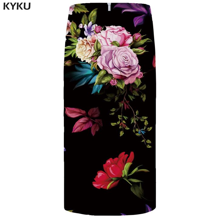 ขายดีที่สุด-ioztt2023-kyku-ดอกไม้กระโปรงผู้หญิงสีดำที่มีสีสันพรรคกระโปรงสบายๆย้อนยุคใบดอกไม้3d-พิมพ์กระโปรงดินสอตลกสุภาพสตรีกระโปรงสตรี