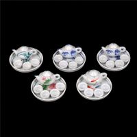 ♚ 6pcs Colorful Floral Print Porcelain Tea Set Tableware Cup Plate Miniature Dollhouse Dinnerware Simulation Furniture Toys