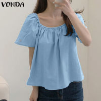 VONDA เสื้อคอเหลี่ยมแขนสั้นสำหรับผู้หญิงฤดูร้อนเสื้อลำลองทรงหลวม (สาเหตุของเกาหลี)