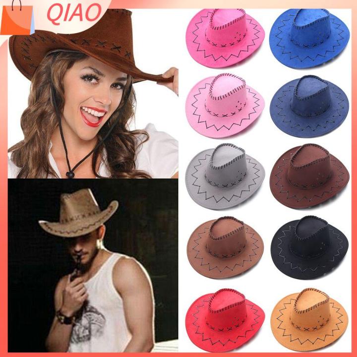 qiao-ชุดเดรสแฟนซีใช้ได้ทั้งชายและหญิง-หมวกขอบแจ๊สกว้างสไตล์ตะวันตกทรงปานามาหมวกคาวบอยหนังนิ่มหมวกเฟโดร่าสักกะหลาด