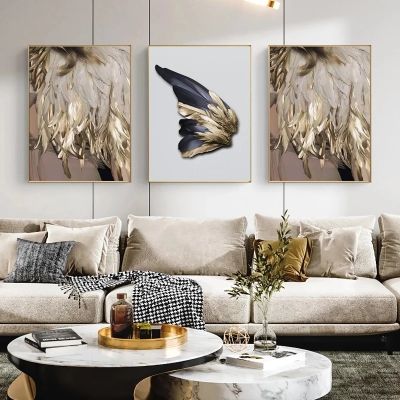 บทคัดย่อ Golden Feather โปสเตอร์และพิมพ์ภาพผ้าใบปีก Luxury Wall Art ภายในภาพวาดสำหรับ Rorom Home Decor