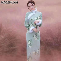 MAOZHUXIA ชุดกี่เพ้ากำมะหยี่หนา2023ใหม่สไตล์หนุ่มสาวปรับปรุงชุดกี่เพ้ายาวปานกลาง