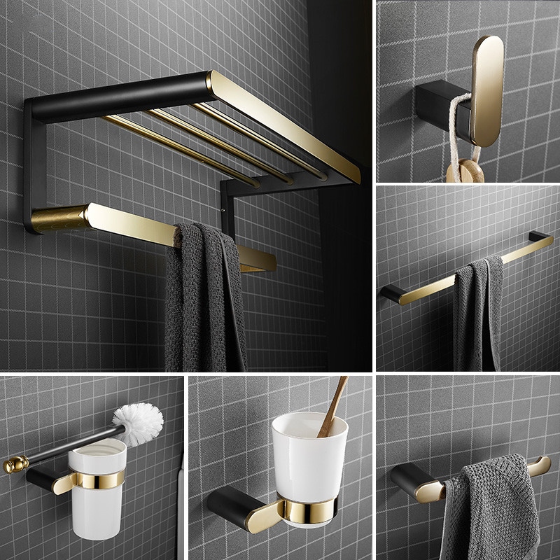 Black Brass Towel Shelf Toilet Brush Holder Paper Hook Bathroom Accessories Set 