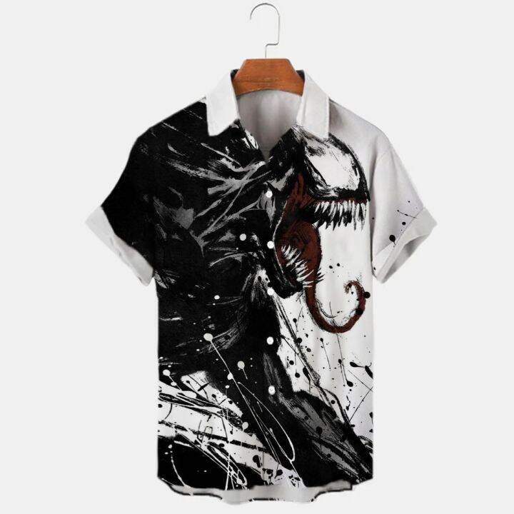 เสื้อยืดพิมพ์ลายดิจิทัลแนวฮาวายสำหรับผู้ชาย-เสื้อมีกระดุมพิมพ์ลายดิจิทัลแนวสยองขวัญชายหาดแนวฮาวายลำลองทรงหลวมเสื้อเชิ้ตฤดูร้อน